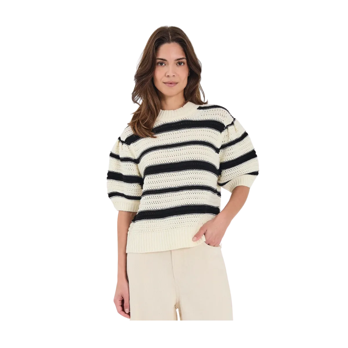 Norr Cerise SS Knit Top - BLACK STRIPE