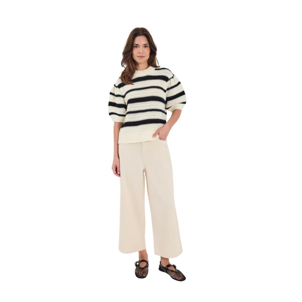 Norr Cerise SS Knit Top - BLACK STRIPE
