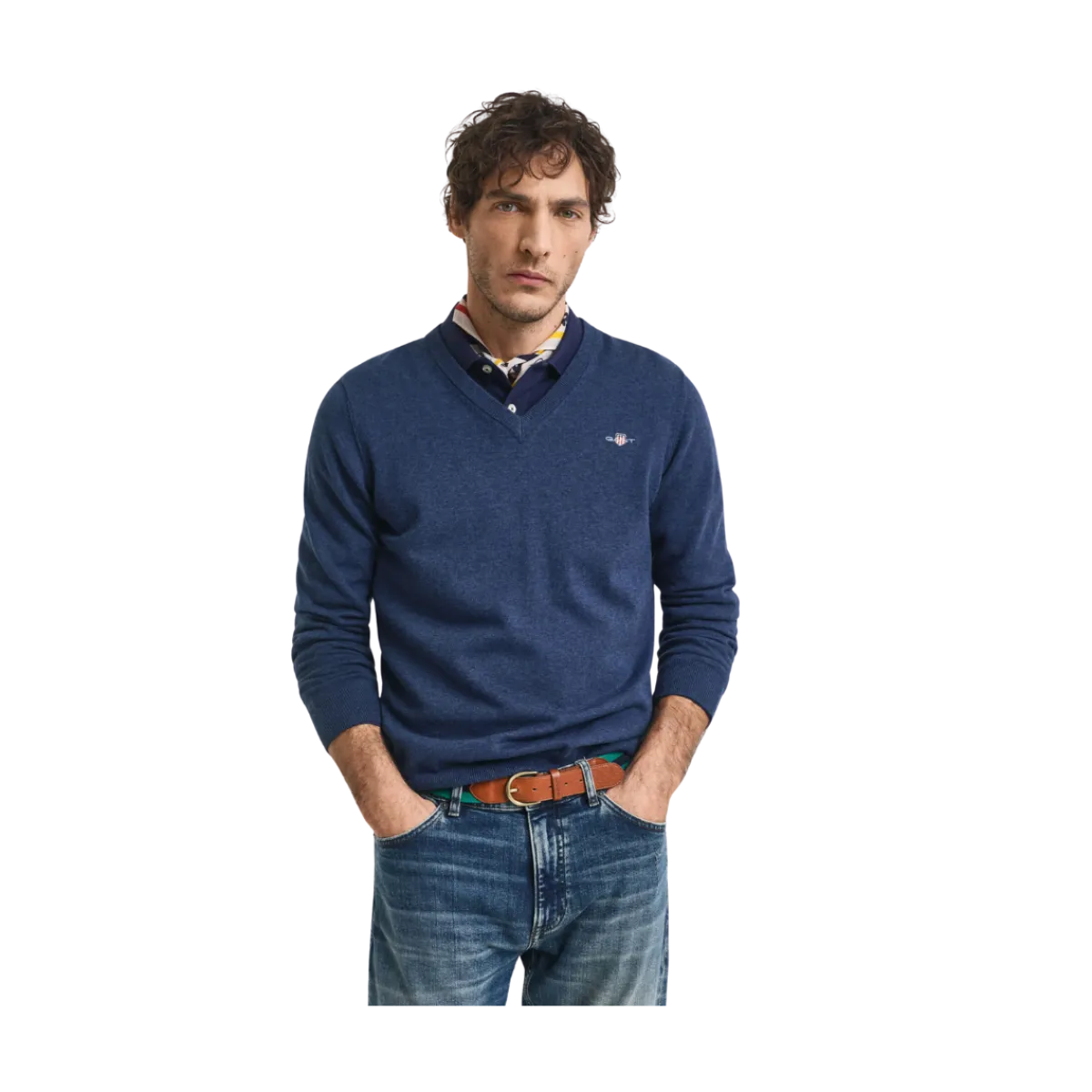 Hot Gant Classic Cotton V-Neck - Dark Jeansblue Melange