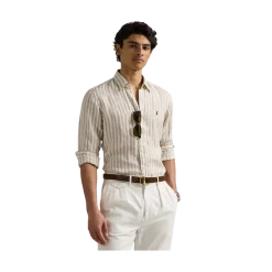 Sale Polo Ralph Lauren Custom Fit Striped inen Shirt - Coasta Beige/White