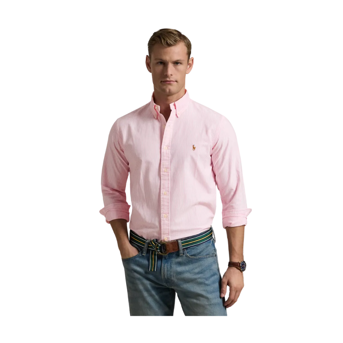 Outlet Polo Ralph Lauren Custo Fit Striped Oxford Shirt - New Rose/White