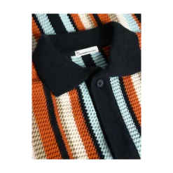 Best Knowledge Cotton Apparel Loose Short Sleeve Striped Knitted Shirt - Navy