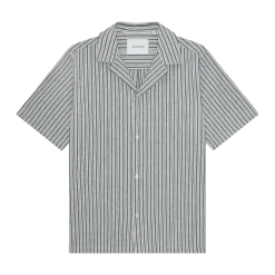 Discount Les Deux Stripe Cotton-inen SS Shirt - Dark Denim Bue