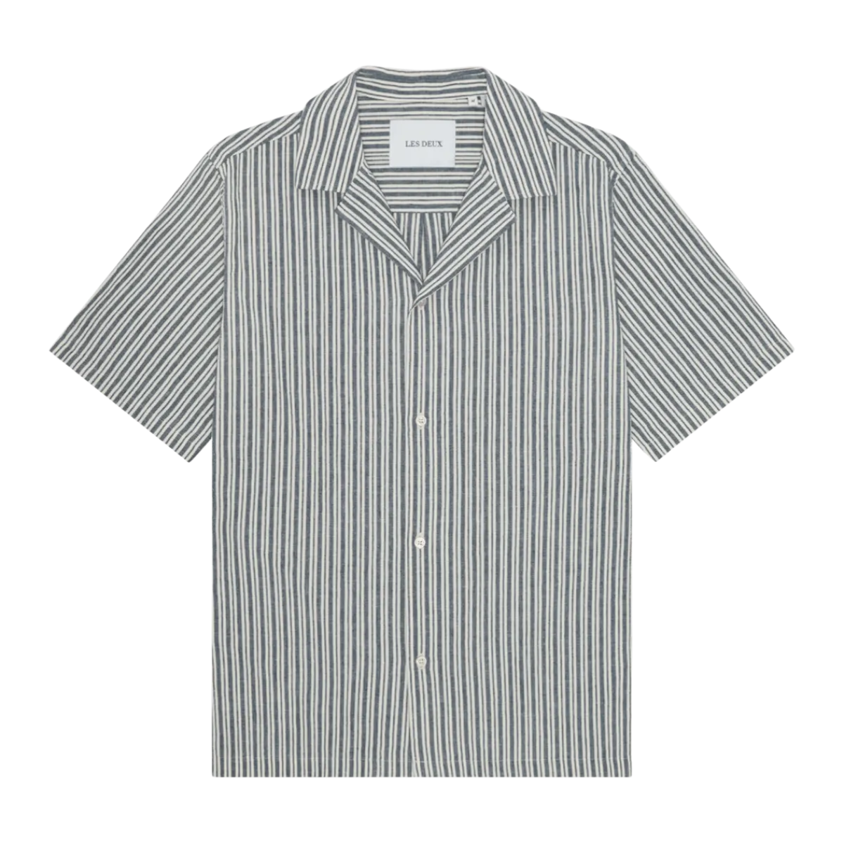 Discount Les Deux Stripe Cotton-inen SS Shirt - Dark Denim Bue