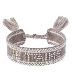 Online DARK Department Woven Friendship Bracelet W/Crystals - "Je T'aime" White W/Taupe